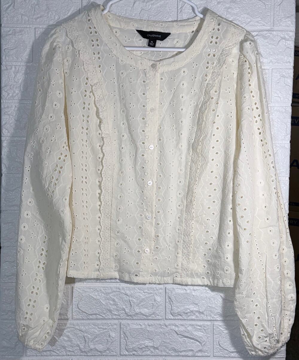 Calligraphie Women’s XL Ivory Eyelet Embroidered Button-Front Blouse